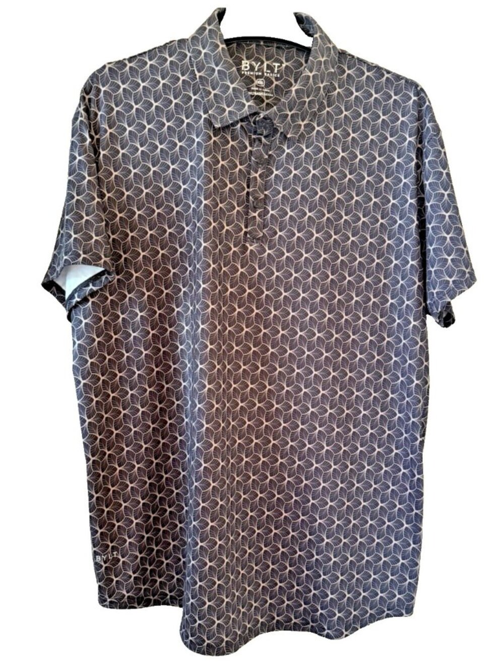 BYLT Polo Shirt Top Men's 2XL Short Sleeve Premium Basics Geometric Print Gray